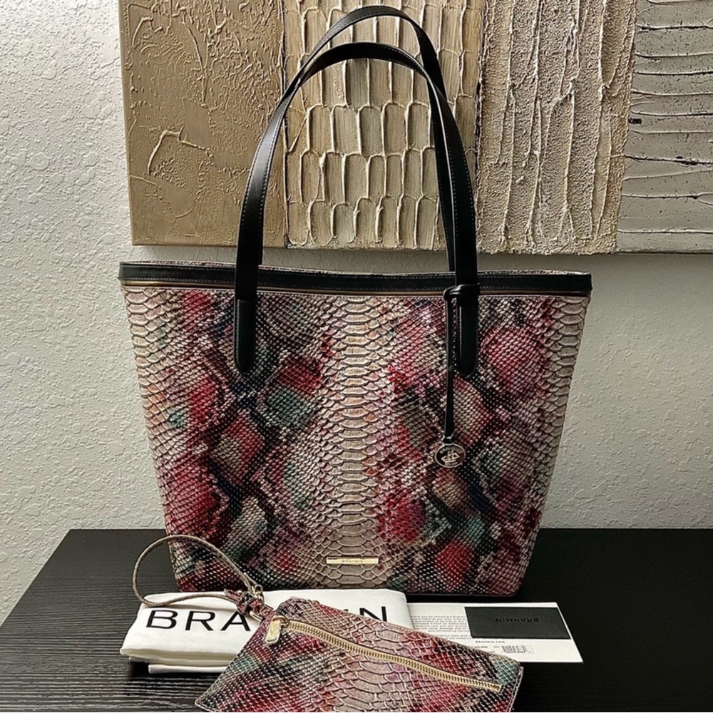 NWT~Brahmin Pink Multi Snake-Print Tote with Black Handles